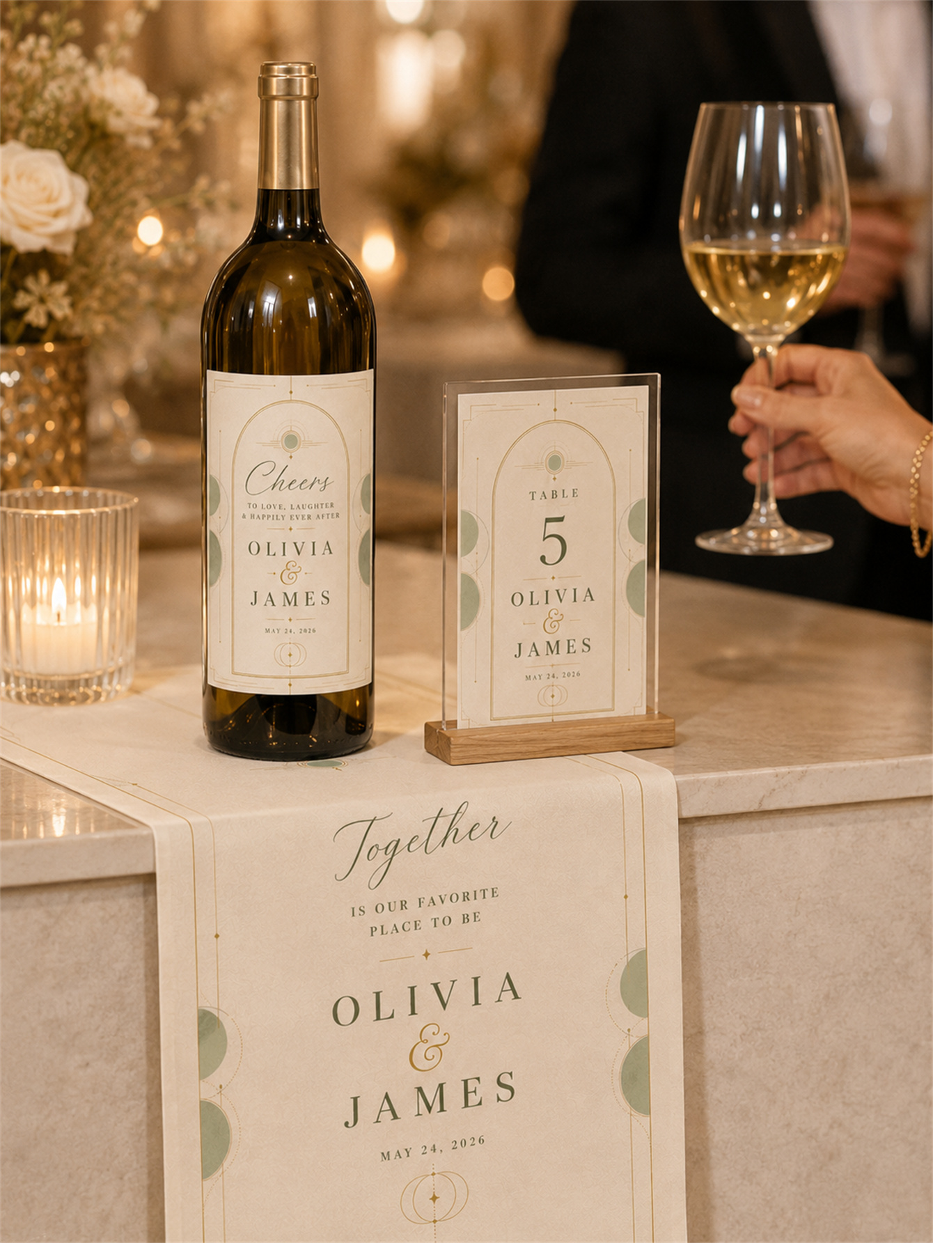 The geometric arch design in sage green and soft gold wedding decorations - a romantic and elegant wedding - customizes names and dates